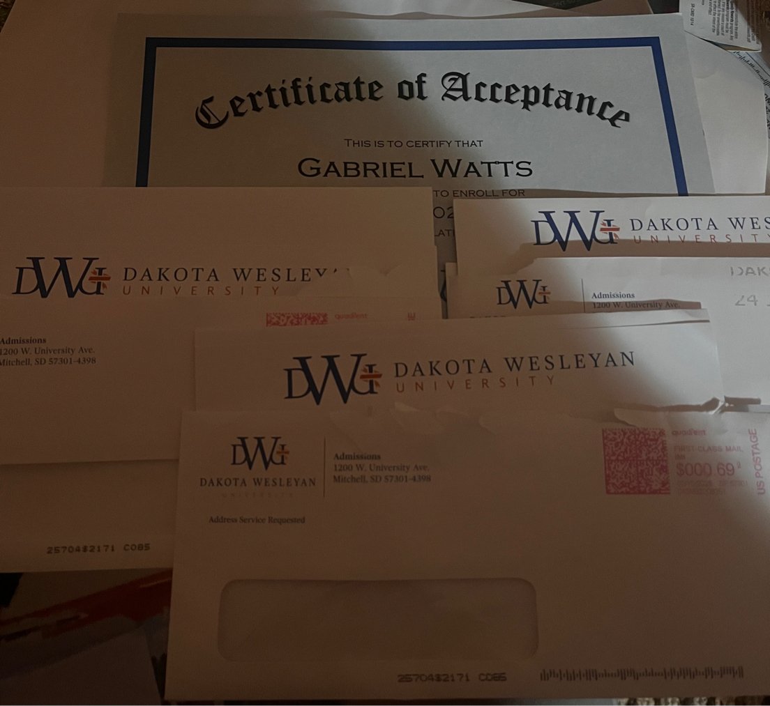 Gabriel Watts (@gabriel_watts36) on Twitter photo After a great visit <a href="/DakotaWesleyan/">Dakota Wesleyan</a> im speechless to have this opportunity to play for <a href="/CoachKretch/">Alex Kretzschmar</a> and <a href="/Coach_Bernarde/">Mike Bernarde</a>, <a href="/CoachMasonFrost/">Mason Frost</a> really appreciate it 🥶🥶 <a href="/billyseals47/">billy seals</a> <a href="/CJ_Crawford1/">Cj Crawford</a> <a href="/MikeOwens31/">Mike Owens</a> <a href="/cody_carter04/">Cody Carter</a> <a href="/rsmithjr0407/">Ronnie Smith Jr.</a> <a href="/247Sports/">247Sports</a> <a href="/sportsturtle11/">Tim Stephens</a> <a href="/PrepRedzoneWV/">Prep Redzone West Virginia</a>‼️‼️ After a great visit <a href="/DakotaWesleyan/">Dakota Wesleyan</a> im speechless to have this opportunity to play for <a href="/CoachKretch/">Alex Kretzschmar</a> and <a href="/Coach_Bernarde/">Mike Bernarde</a>, <a href="/CoachMasonFrost/">Mason Frost</a> really appreciate it 🥶🥶 <a href="/billyseals47/">billy seals</a> <a href="/CJ_Crawford1/">Cj Crawford</a> <a href="/MikeOwens31/">Mike Owens</a> <a href="/cody_carter04/">Cody Carter</a> <a href="/rsmithjr0407/">Ronnie Smith Jr.</a> <a href="/247Sports/">247Sports</a> <a href="/sportsturtle11/">Tim Stephens</a> <a href="/PrepRedzoneWV/">Prep Redzone West Virginia</a>‼️‼️