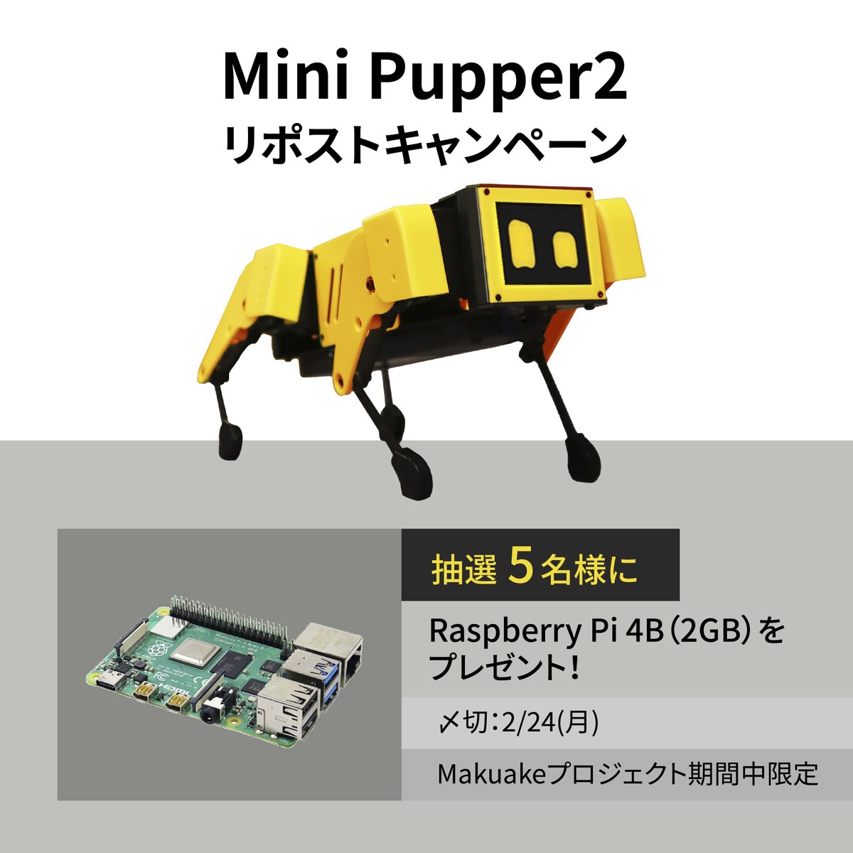 MangDang_Japan's tweet photo. 🎉770万円突破記念🎉
https://t.co/AhvIVwBHgr

応援ありがとうございます🤖
感謝の気持ちを��めて、RTキャンペーンを開催します！

🔹抽選で5名様に
🎁Raspberry Pi 4B (2GB) をプレゼント

応募方法
1️⃣ @MangDang_Japan をフォロー
2️⃣ この投稿をRT
※コメント付きRTで当選率⤴️

〆2/24
@makuake_ca https://t.co/gX56JvWqtg