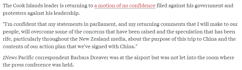 RNZ reporting that the excellent <a href="/barbaradreaver/">Barbara Dreaver</a> - who has broken several stories about the tensions between New Zealand and Cook Islands - was blocked from joining a press conference held by PM Mark Brown on his return to Rarotonga from China