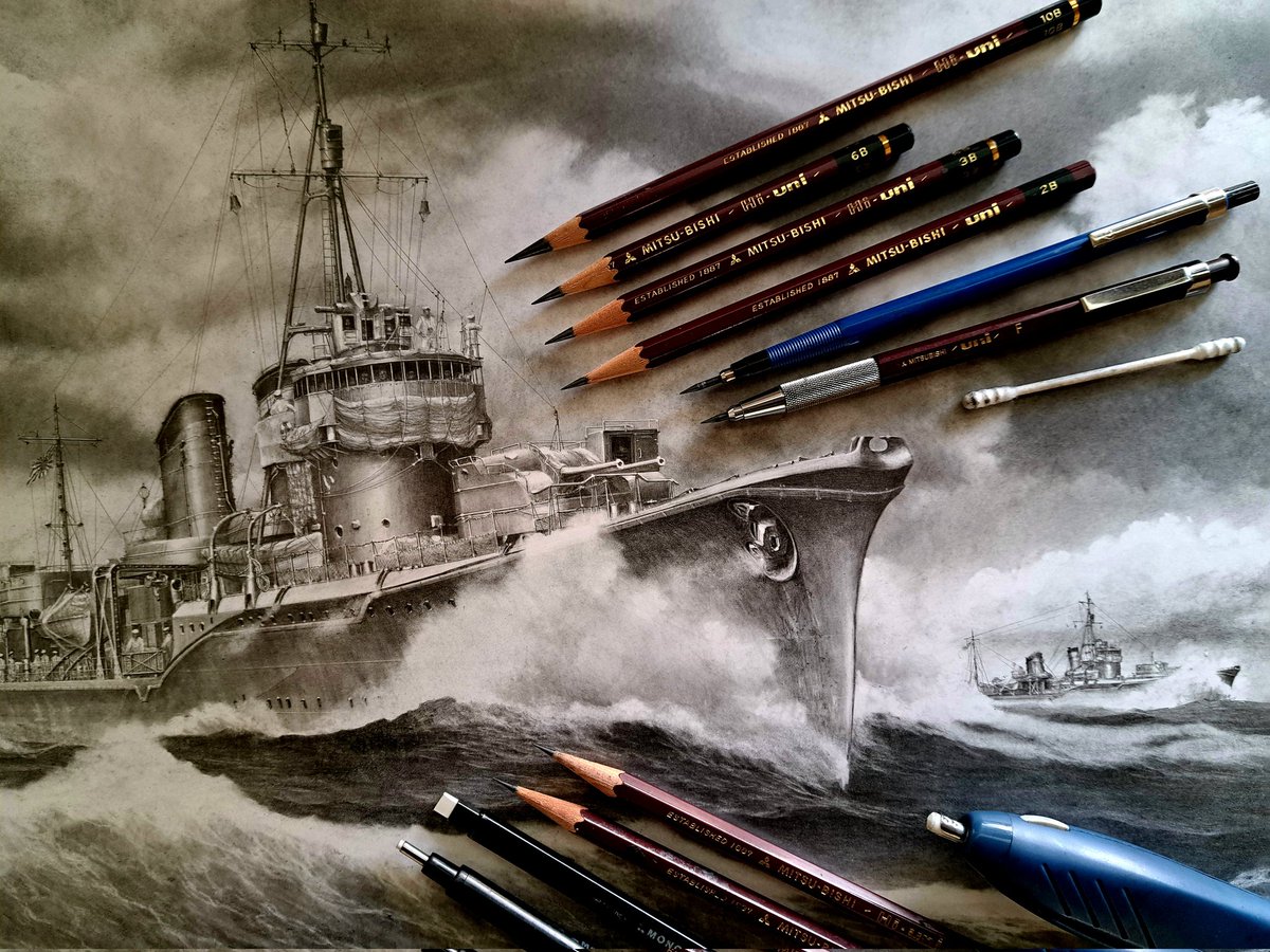 制作中）#鉛筆画「溟海の尖兵 -駆逐艦 響 2601-」ようやく仕上がってき