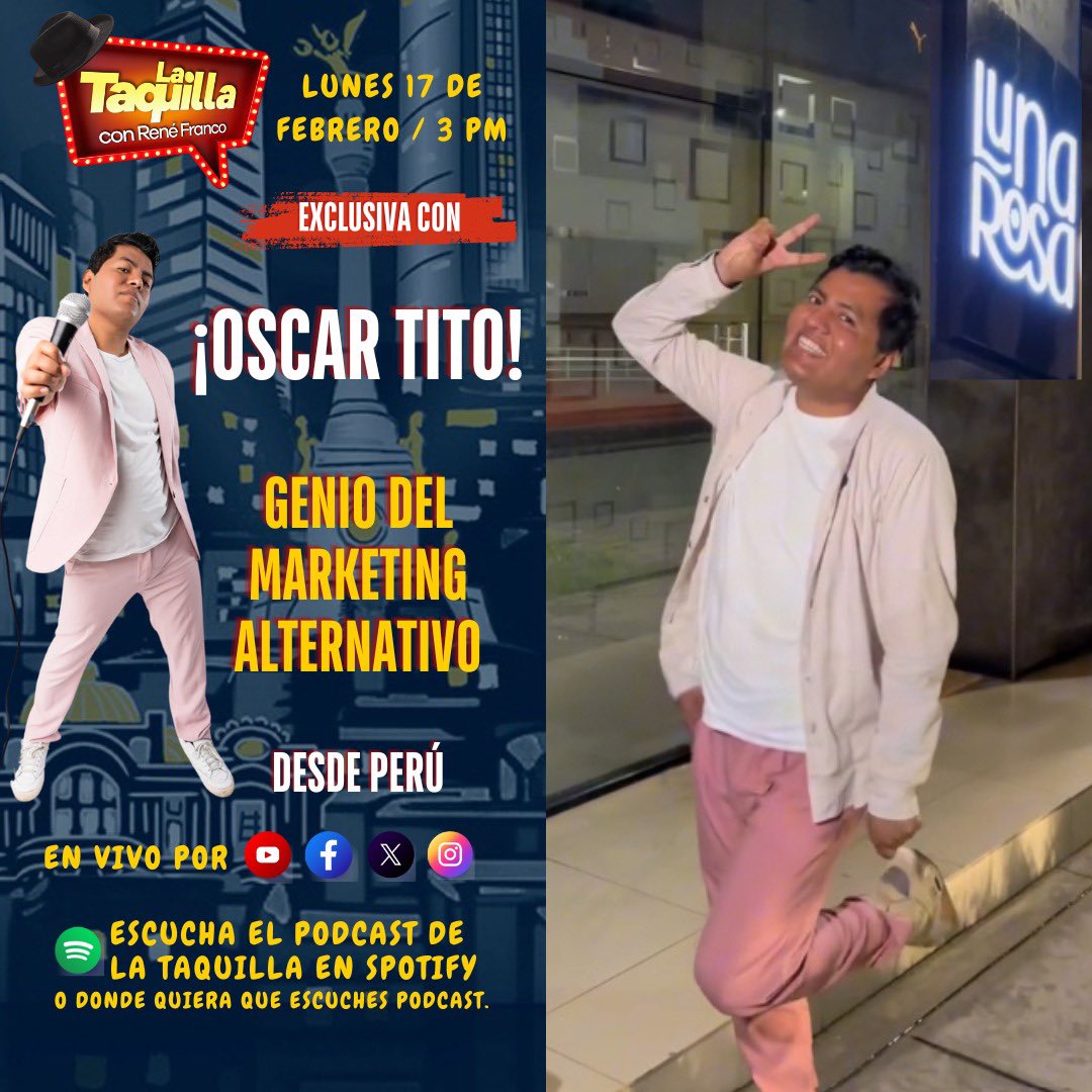 La Taquilla con René Franco (@la_taquilla) on Twitter photo Mañana en La Taquilla Noticias tenemos en exclusiva a <a href="/soyoscartito/">Oscar Tito</a> el genio del marketing alternativo.
¡Los esperamos en vivo a partir de la 3:00pm hora de la Ciudad de México por todas nuestras plataformas digitales! <a href="/ReneFranco/">RENE FRANCO</a> <a href="/pitayafm/">Pitaya Entertainment</a> Mañana en La Taquilla Noticias tenemos en exclusiva a <a href="/soyoscartito/">Oscar Tito</a> el genio del marketing alternativo.
¡Los esperamos en vivo a partir de la 3:00pm hora de la Ciudad de México por todas nuestras plataformas digitales! <a href="/ReneFranco/">RENE FRANCO</a> <a href="/pitayafm/">Pitaya Entertainment</a>