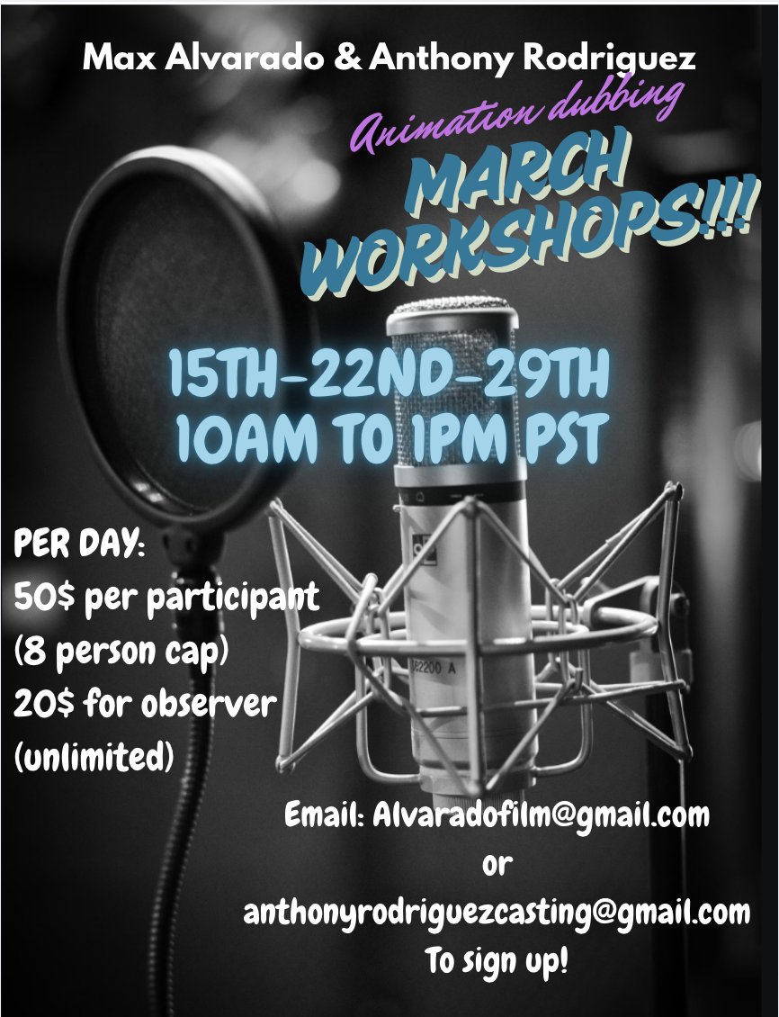Max Alvarado (@alvaradofilm) on Twitter photo New March Workshops are here! 🥳
Come join <a href="/Cryshulvo/">Anthony "Cryshulvo" Rodriguez (Home Studio)</a> and I and dub everyone's favorite animes!
Let's work together to get you closer to your dream roles!
#adr #dubbing #animation #anime #voiceover #voiceacting #voiceactor New March Workshops are here! 🥳
Come join <a href="/Cryshulvo/">Anthony "Cryshulvo" Rodriguez (Home Studio)</a> and I and dub everyone's favorite animes!
Let's work together to get you closer to your dream roles!
#adr #dubbing #animation #anime #voiceover #voiceacting #voiceactor
