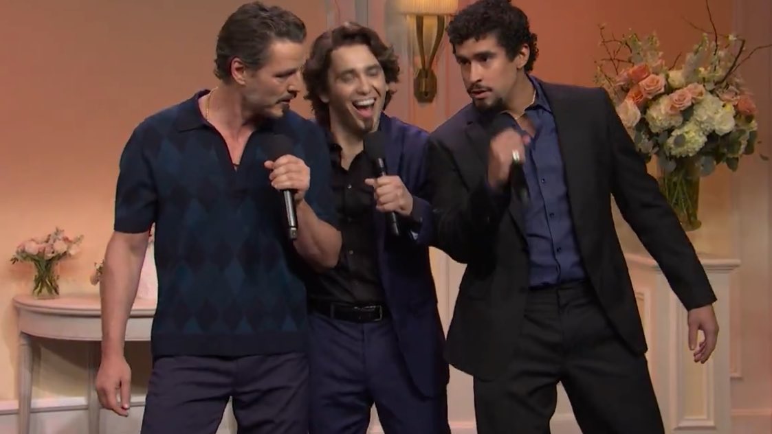Pedro Pascal, Marcello Hernandez and Bad Bunny playing brothers in new sketch for the #SNL50 Anniversary special.