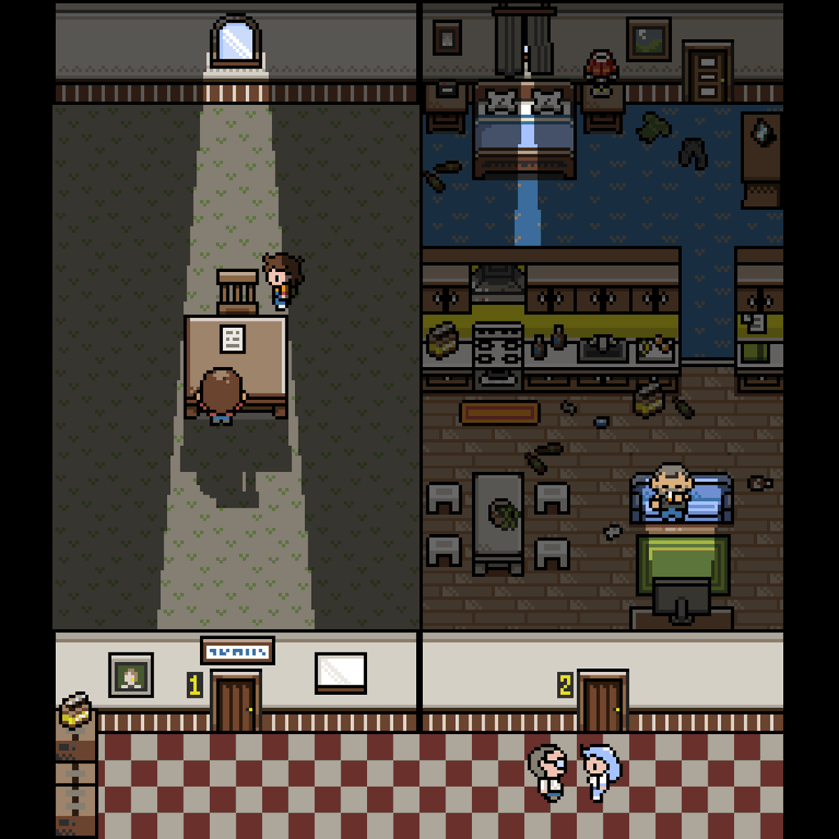 LoamBrownGames's tweet photo. I'm working on some of the apartments in my game! I'm also experimenting with shadow, and how it might enhance some scenes. It could potentially be very difficult to code, but I feel like it adds so much to the atmosphere. Anyway, happy Sunday! 

 #Pixelart #IndieDev #RetroGaming #GameboyColor