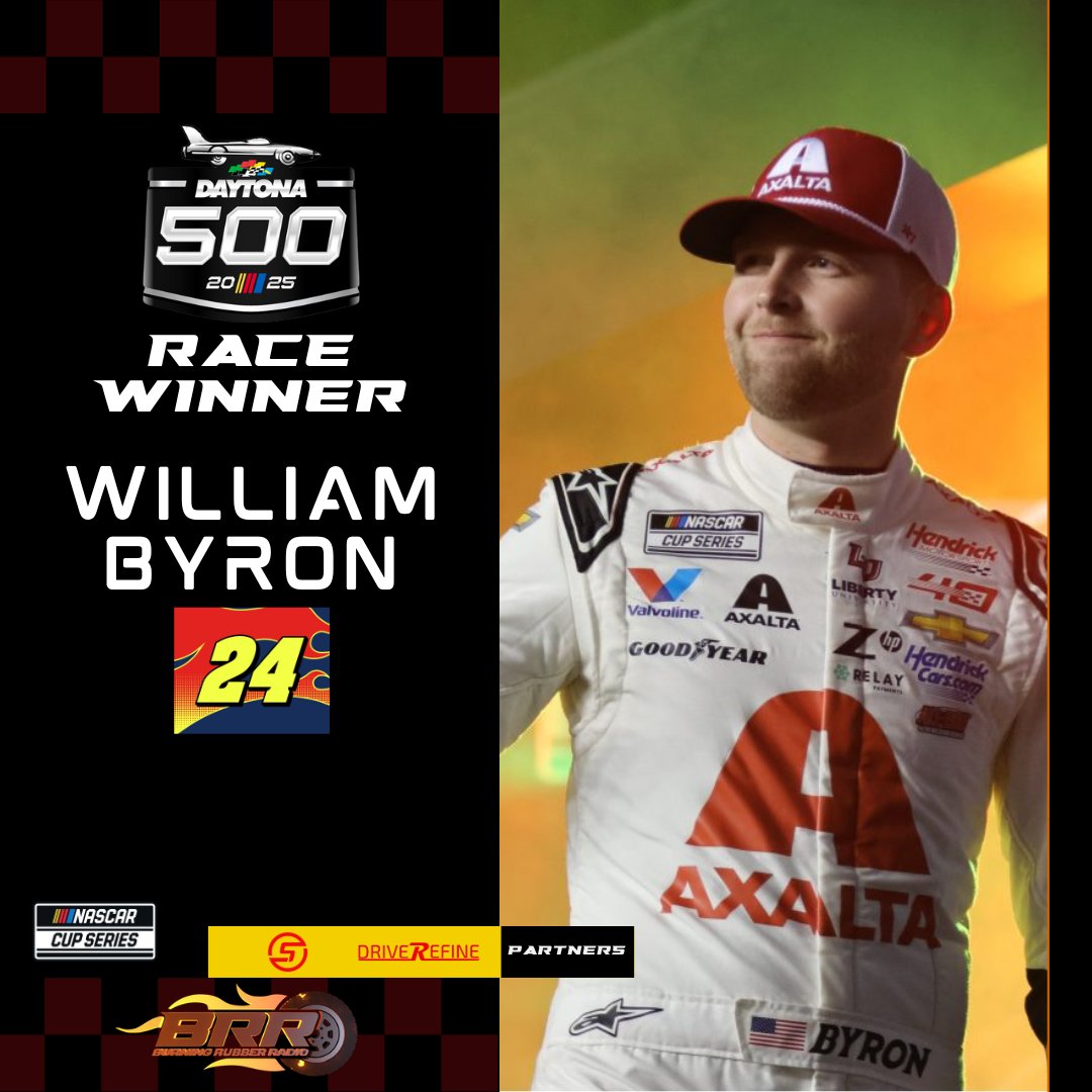 BRRadio_'s tweet photo. 2 IN A ROW FOR BYRON!!!

William Byron makes it through the chaos and WINS the 2025 Daytona 500 and goes 2 in a row!

Stay up to date with Burning Rubber Radio!

#NASCAR | #BRRadio | #News https://t.co/6cnZ4AePFw
