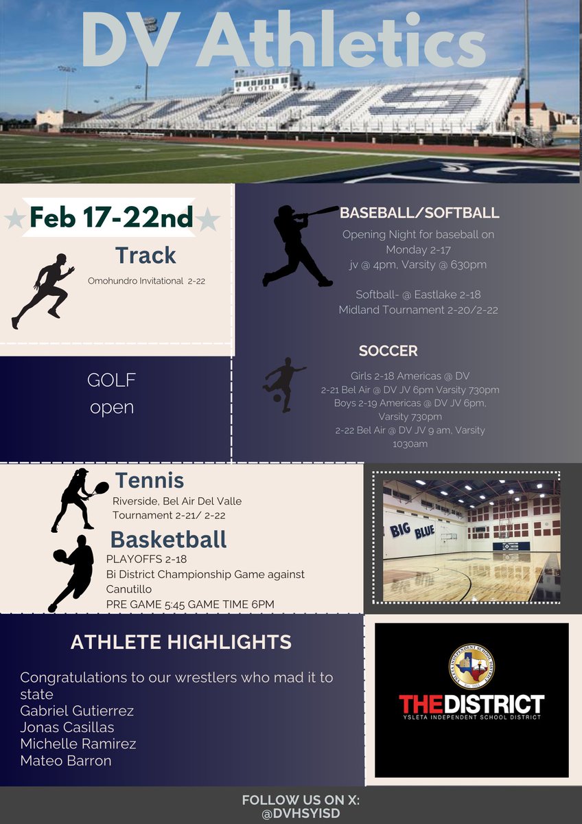 Del Valle High School Athletics (@dvhs_athletics) on Twitter photo Big week ahead for Del Valle Athletics!!! Boys basketball Bi- District Championship game this Tuesday against Canutillo at DV . Game time 6pm!! <a href="/DVHSYISD/">Del Valle HighSchool</a> <a href="/YISDAthletics1/">YISD Athletics</a>
#OFOD Big week ahead for Del Valle Athletics!!! Boys basketball Bi- District Championship game this Tuesday against Canutillo at DV . Game time 6pm!! <a href="/DVHSYISD/">Del Valle HighSchool</a> <a href="/YISDAthletics1/">YISD Athletics</a>
#OFOD