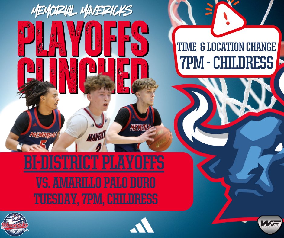 Wichita Falls ISD Athletics (@wfisdathletics) on Twitter photo π¨π¨π¨ LOCATION & TIME CHANGE π¨π¨π¨
π¨π Memorial Mavericks Playoff Info! ππ¨
π
Tuesday, February 18
π¨π 7οΈβ£ PM
π¨π Childress
π» mavsontop.com
<a href="/_CoachBien/">Carter Bien</a> <a href="/CoachBindel/">Marc Bindel</a>
π΅π΄ Letβs go, Mavs! Bring the energy! πͺπ
#MavsOnTop #teamWFISD π¨π¨π¨ LOCATION & TIME CHANGE π¨π¨π¨
π¨π Memorial Mavericks Playoff Info! ππ¨
π
Tuesday, February 18
π¨π 7οΈβ£ PM
π¨π Childress
π» mavsontop.com
<a href="/_CoachBien/">Carter Bien</a> <a href="/CoachBindel/">Marc Bindel</a>
π΅π΄ Letβs go, Mavs! Bring the energy! πͺπ
#MavsOnTop #teamWFISD