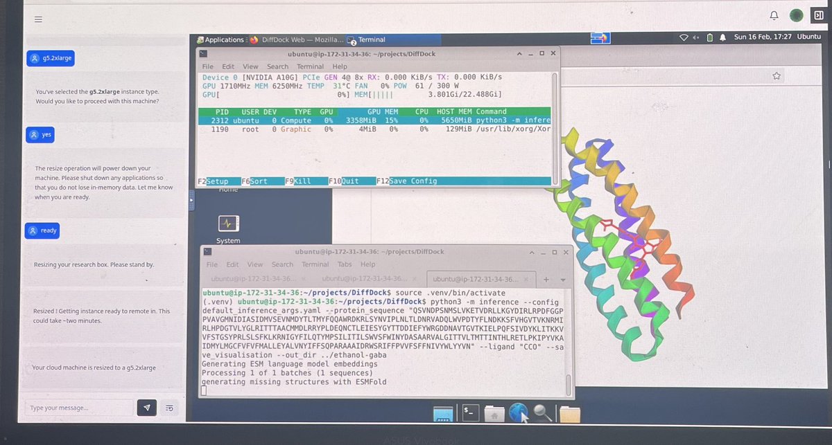 This ai agent can configure a cloud machine with Diffdock for molecular  docking and then resize the box to a more powerful GPU if you ask it. And run it in a remote desktop in your browser.