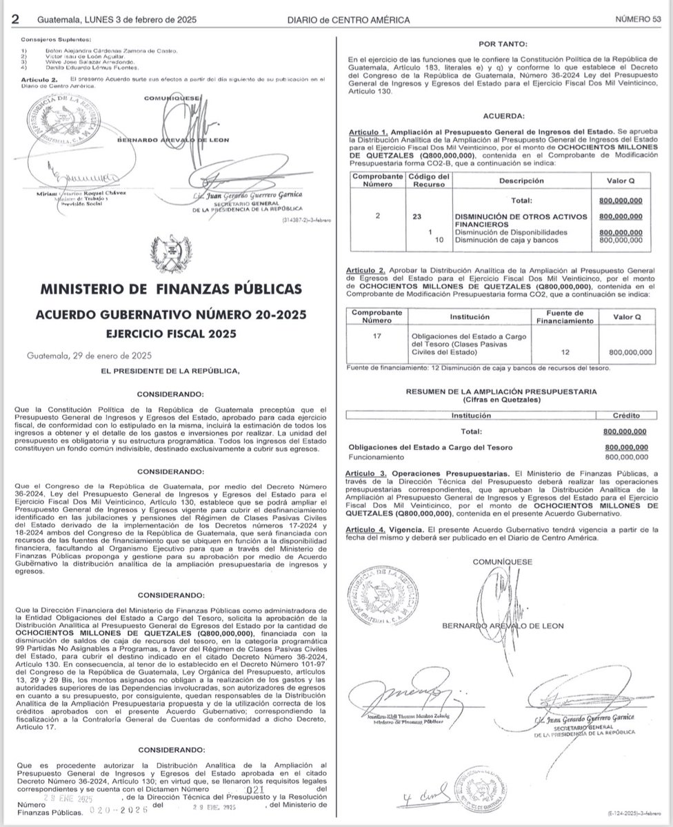 dsagastumev's tweet photo. MÁS INCONSTITUCIONALIDADES E INCONSISTENCIAS:

CRONOLOGÍA: 

1) Presupuesto general de ingresos y egresos 2025: 
- Decreto 36-2024 del Congreso
- Emitido: 27 de noviembre de 2024
- Promulgado y sancionado: 6 de diciembre 2024
- Publicado: 9 de diciembre 2024

2) Expediente 46-2025 de la CC: 
- Inconstitucionalidad CACIF presupuesto 2025
- Amparo provisional: resolución del 30 de enero 2025 y publicada el 31 de enero 2025. Suspensión de los artículos 118, 130, 135 y 137 del presupuesto 2025. 

3) Acuerdos gubernativos 20-2025 y 21-2025: 
- Emitidos: 29 de enero 2025.
- Por: Arévalo, Menkos y Garníca.
- Publicados: 3 de febrero 2025. 
- Contenido: ampliación del presupuesto 2025.

4) "Ampliación" presupuestaria 2025: 
- Emitida: 11 de febrero de 2025.
- Contenido: deroga artículos 118, 130, 135 y 137 del presupuesto 2025. 
- No ha sido sancionado ni publicado al momento de esta publicación (post). 

REFLEXIONES LEGALES: 

1) El artículo 240 de la Constitución Política de la República de Guatemala, indica que el único órgano encargado del Estado de Guatemala que tiene la facultad expresa de poder ampliar el presupuesto del Estado vigente es el Congreso de la República. Por lo que, no puede el Organismo Ejecutivo ampliar ningún decreto del Congreso a través de un acuerdo gubernativo y menos si es el presupuesto. 

2) Una vez publicada la suspensión provisional de la Corte de Constitucionalidad de los artículos 118, 130, 135 y 137 del decreto 36-2024 (presupuesto 2025) el 31 de enero de 2025, se publica el 3 de febrero de 2025 los acuerdos gubernativos 20-2025 y 21-2025. 

3) El Congreso de la República deroga a través del decreto 1-2025 (ampliación presupuestaria 2025), la que aún no ha sido sancionada, promulgada ni publicada, los artículos 118, 130, 135 y 137 del decreto 36-2024 (presupuesto 2025). 

En síntesis: 
- Los artículos 118, 130, 135 y 137 del presupuesto 2025 están suspendidos provisionalmente por la CC; 

- No es procedente legalmente ampliar el presupuesto a través de acuerdo gubernativo (acto administrativo del organismo ejecutivo) sino únicamente por medio de acto legislativo (organismo legislativo), por ende, son inconstitucionales (ambos); 

- Al entrar en vigencia el decreto 1-2025 (si así fuere), los "fundamentos" del ejecutivo para emitir los acuerdos gubernativos no existirían (a raíz de haberlos derogado). 

No solo son INCONSTITUCIONALES los acuerdos gubernativos, sino que, por qué el Ejecutivo no los ha derogado si van a quedar sin fundamento al entrar en vigencia la ampliación presupuestaria 2025?

ANALÍCELO y PIÉNSELO, o hacen las cosas BIEN o seguirán las ACCIONES CONSTITUCIONALES. Es una REALIDAD!!