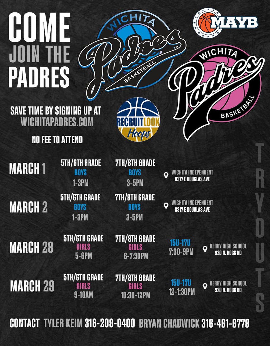 Wichita Padres Basketball is hosting tryouts for both boys and girls on Mar 1-2 and on Mar 28-29. 

Online registration is free. Attending both sessions is encouraged.

Sign Up on our Website: wichitapadres.com