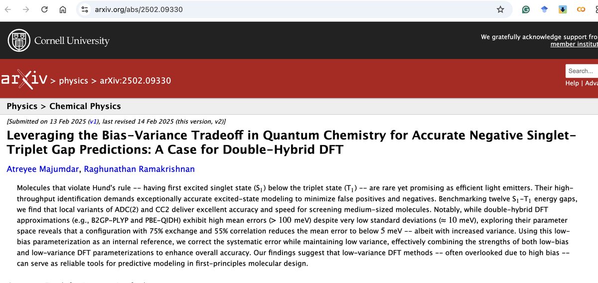 Raghunathan Ramakrishnan (@raghurama123) on Twitter photo Excited to share the new work with <a href="/AtreyeeMaj62799/">Atreyee Majumdar</a> on leveraging the bias-variance tradeoff in double-hybrid DFT!
arxiv.org/abs/2502.09330
We show how dh-DFT predictions can be self-corrected for accurate singlet–triplet gap estimations. Excited to share the new work with <a href="/AtreyeeMaj62799/">Atreyee Majumdar</a> on leveraging the bias-variance tradeoff in double-hybrid DFT!
arxiv.org/abs/2502.09330
We show how dh-DFT predictions can be self-corrected for accurate singlet–triplet gap estimations.