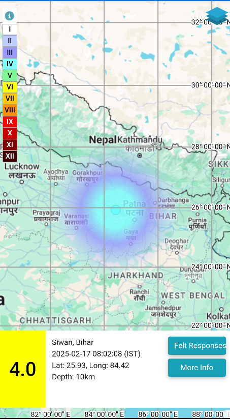 ANI's tweet photo. An earthquake with a magnitude of 4.0 on the Richter Scale hit Siwan, Bihar at 08:02 IST today

  (Source - National Center for Seismology) https://t.co/mNcVErOpq6