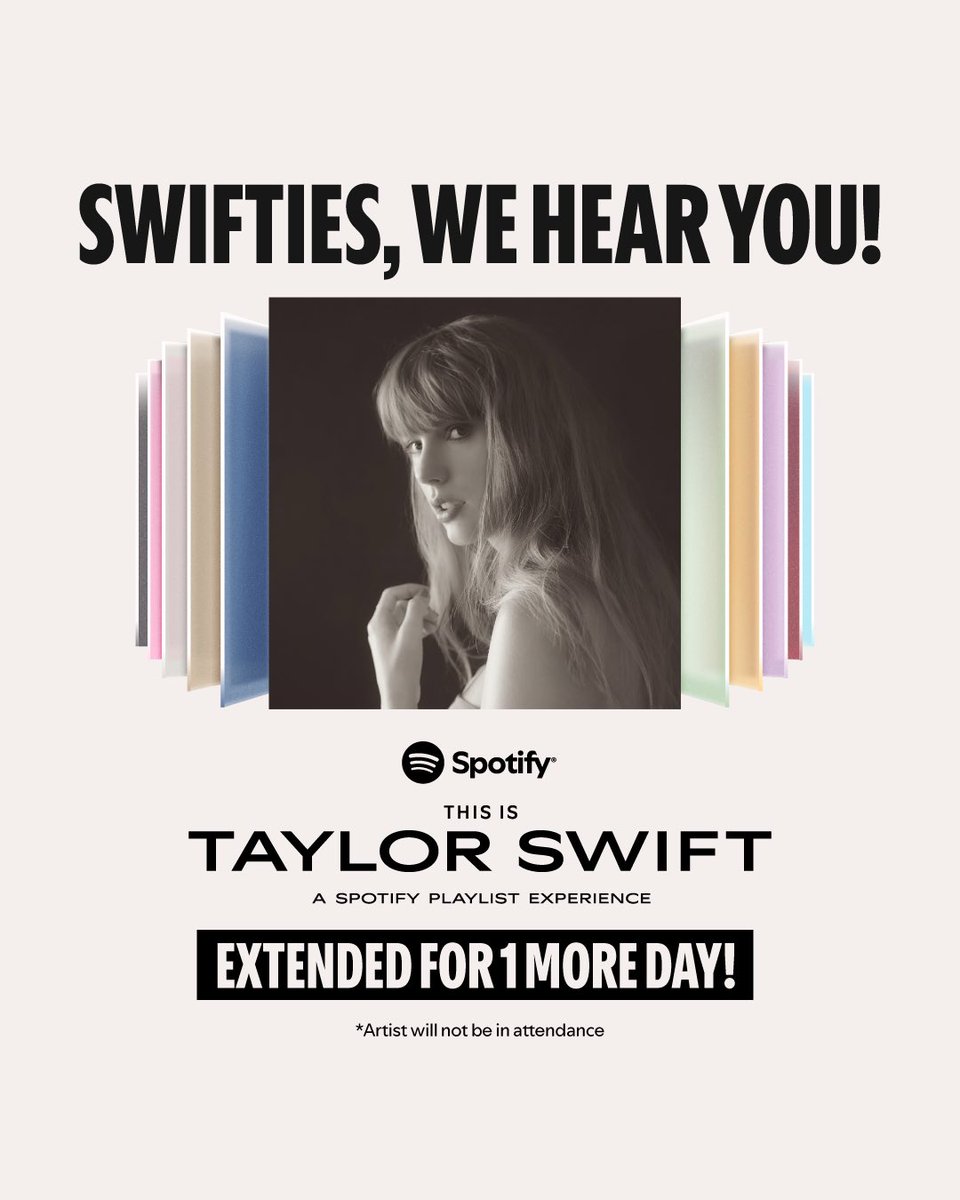 We heard you chanting more! 🗣️

It’s our great pleasure to announce that #ThisIsTaylorSwift: A Spotify Playlist Experience will be extending until February 24, 2025! 

We are releasing Day 1 - Day 4 registration spots starting tomorrow, 18 February, at 1pm.