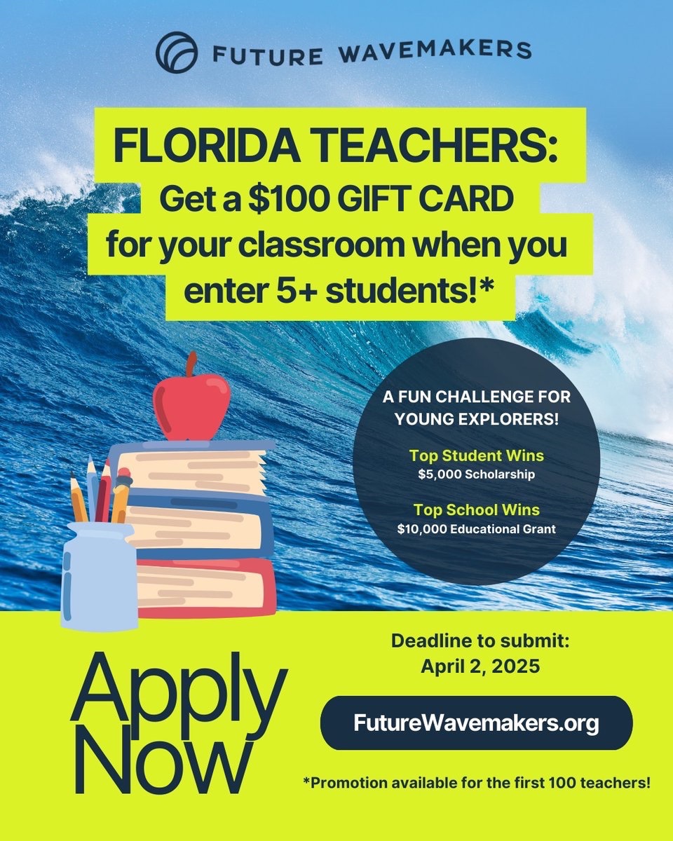 Dr_WhiteEdu's tweet photo. The first 100 teachers to submit 5+ videos will get a $100 gift card!! Top school walks away with $10,000. Check out my son sharing his video from last year, this year he’ll explore sharks Future Wavemakers Future Wavemakers Ocean Competition - Rules 🚨  Open to students ages 4-18 in Florida @msmartello2  🏝️ 2️⃣ Create videos promoting ocean and Florida wildlife 🌊 3️⃣ Categories based on age groups 📚 4️⃣ Submit 5️⃣ Prizes include scholarships & exclusive opportunities 🎓For full rules visit FutureWavemakers #FloridaEvents #MarineLife