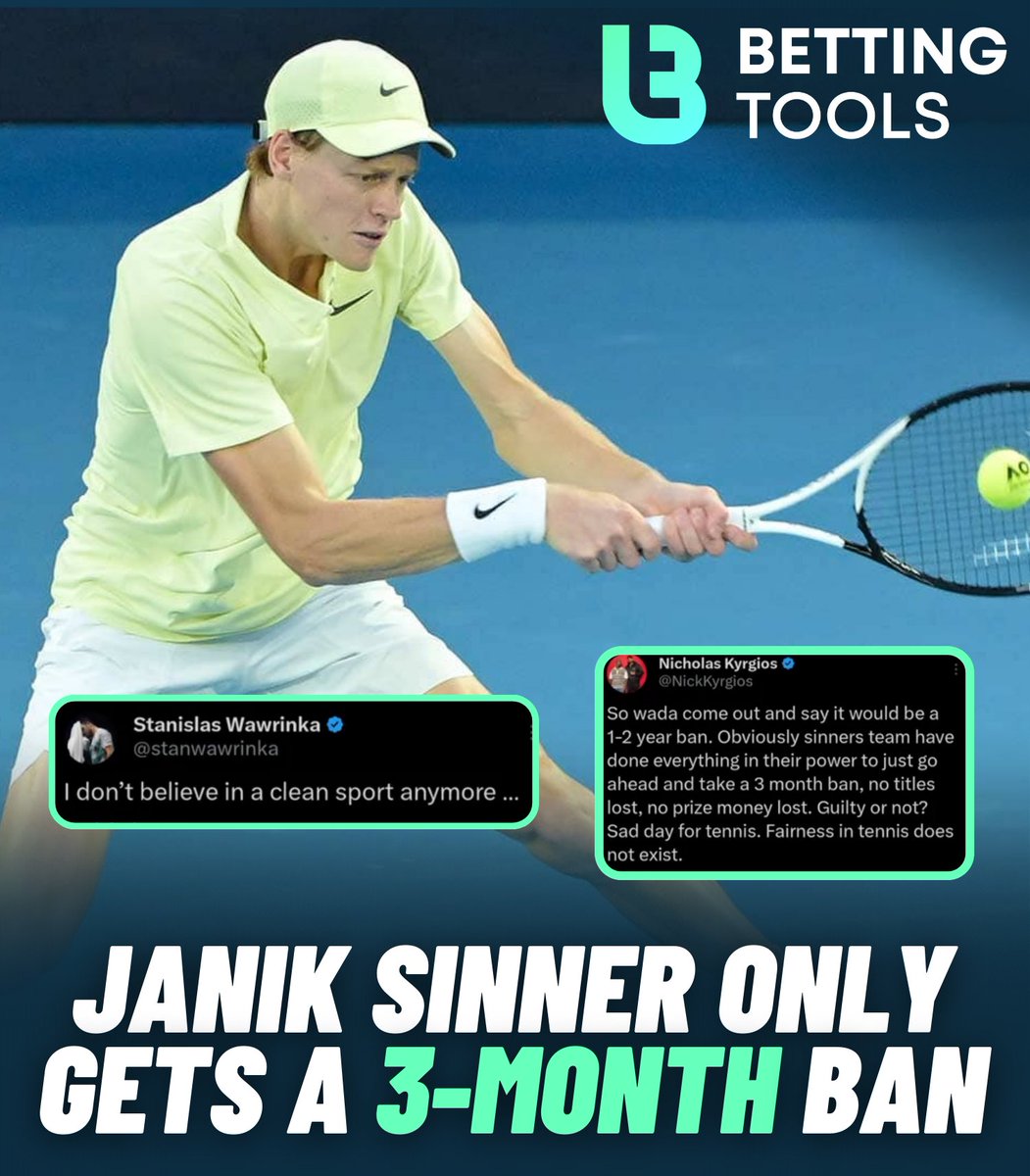 Odds_Plays's tweet photo. It is confirmed that Janik Sinner will only face a 3-month ban after 2 cases of doping. 🤯

Many stars worldwide, including Wawrinka and Kyrgios, have spoken out on Twitter against Sinner and the length of the ban.

What do you think? 🤔 https://t.co/DGcOAwwQaA