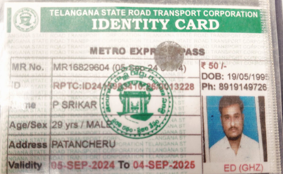 PatailSrikar's tweet photo. @dmmptsrtc @SajjanarVC
Sir, this morning I took a general pass for a month (1330/-) while I'm getting down the bus some random person theft my money and pass too
I request you sir please reissue my pass at the Patancheru depo 
I'm attaching my identity card for the verification https://t.co/CKOfcnsedN