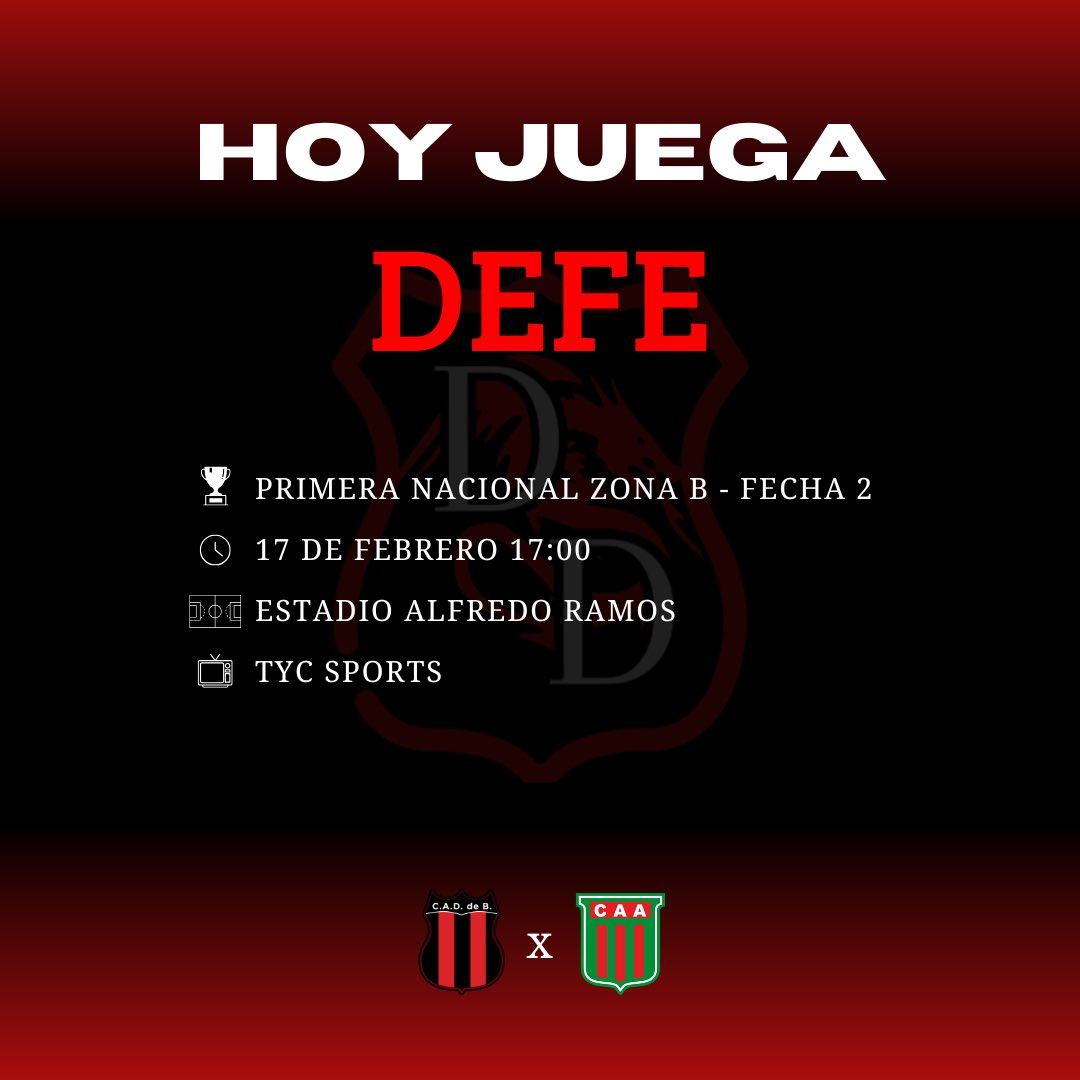 🐉 ¡HOY JUEGA DEFE! ❤️

🆚 Agropecuario
🏆 Fecha 2 - Primera Nacional
⏰ 17:00
⚖️ Juan Pablo Loustau
🏟️ Estadio Alfredo Ramos (sin público)

📺 El encuentro se podrá ver por TyC Sports y TyC Sports Play.

💪🏻⚽️ ¡Vamos nosotros!

🎙️ Olivia Ledesma

#DaleDefe #DefensoresdeBelgrano