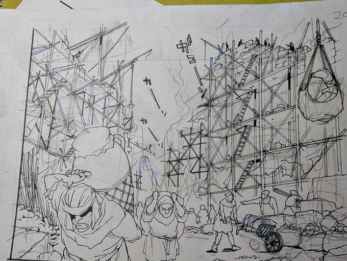 ぶらり旅の城壁補修現場。足場描くのが辛くて放棄中。まだ城壁そのものを描いてない。ほとんど足場で見えないが。 