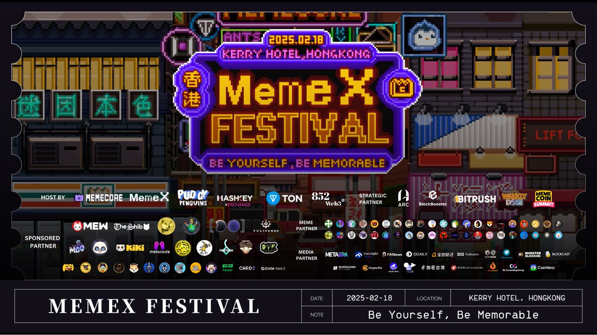 MemeX_MRC20's tweet photo. 🌃Meet your hosts in Hong Kong🌃

📢Excited to share that the MemeX Festival has been released in the press @Cointelegraph 

Be Yourself, Be Memorable

📑Details: https://t.co/TSHK6lmutN