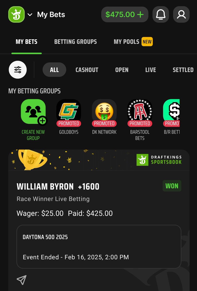 aaron_nealis's tweet photo. @NASCARonNBC @TeamHendrick @Hendrick24Team @WilliamByron @DAYTONA Thank you Byron for making my first ever bet on Nascar hit 🤑 https://t.co/0HXJrVeRlK