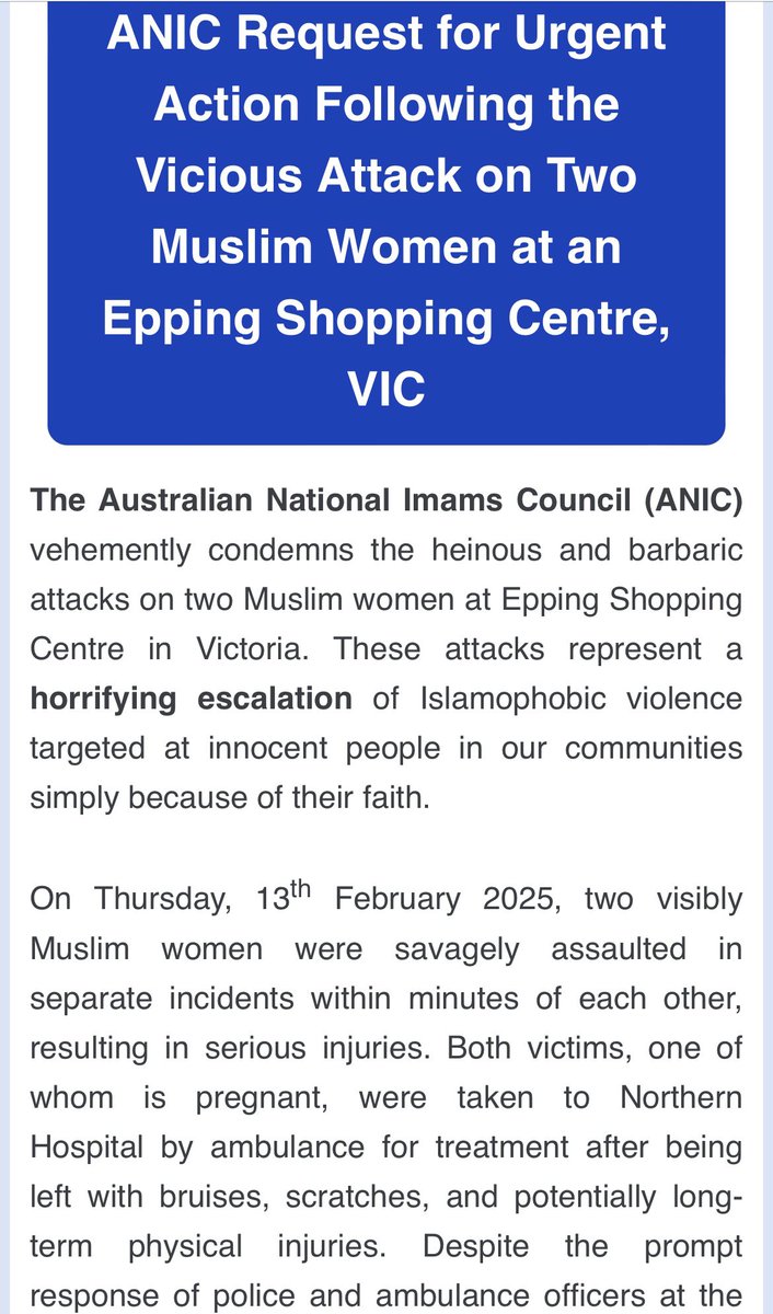 FaridYFarid's tweet photo. Two #Muslim women were assaulted in a #Melbourne shopping centre on Thursday - one of them was pregnant. Police have confirmed the women were injured. The Australian National Imams Council is calling for the string of Islamophobic violence to be treated seriously #auspol https://t.co/EetIDFj9Hx