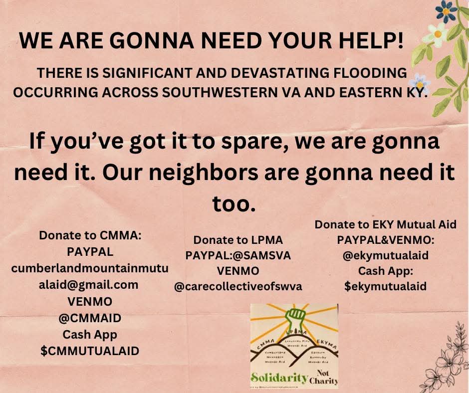 dkeith8367's tweet photo. Thanks to everyone for keeping SWVA in your thoughts as we begin recovery from another round of floods. Grateful for local, established mutual aid organizations in SWVA that have already been collecting resources for immediate relief from the flooding. Please consider donating https://t.co/HMX16Mpy0l