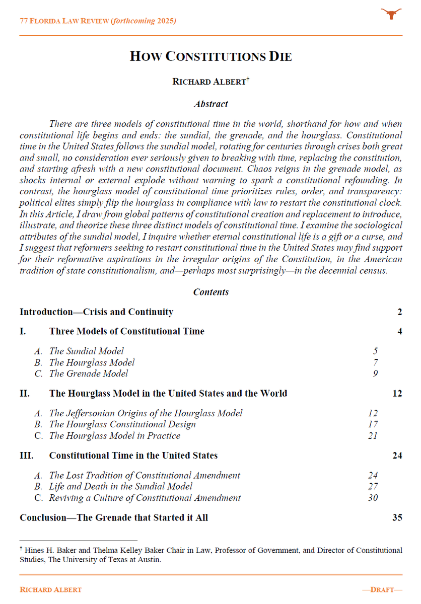 🎉 My new paper on "How Constitutions Die," now available here: papers.ssrn.com/sol3/papers.cf…

I identify, illustrate, and theorize three models of constitutional life and death in the world: the sundial, the grenade, and the hourglass. 

Comments welcome! 📝