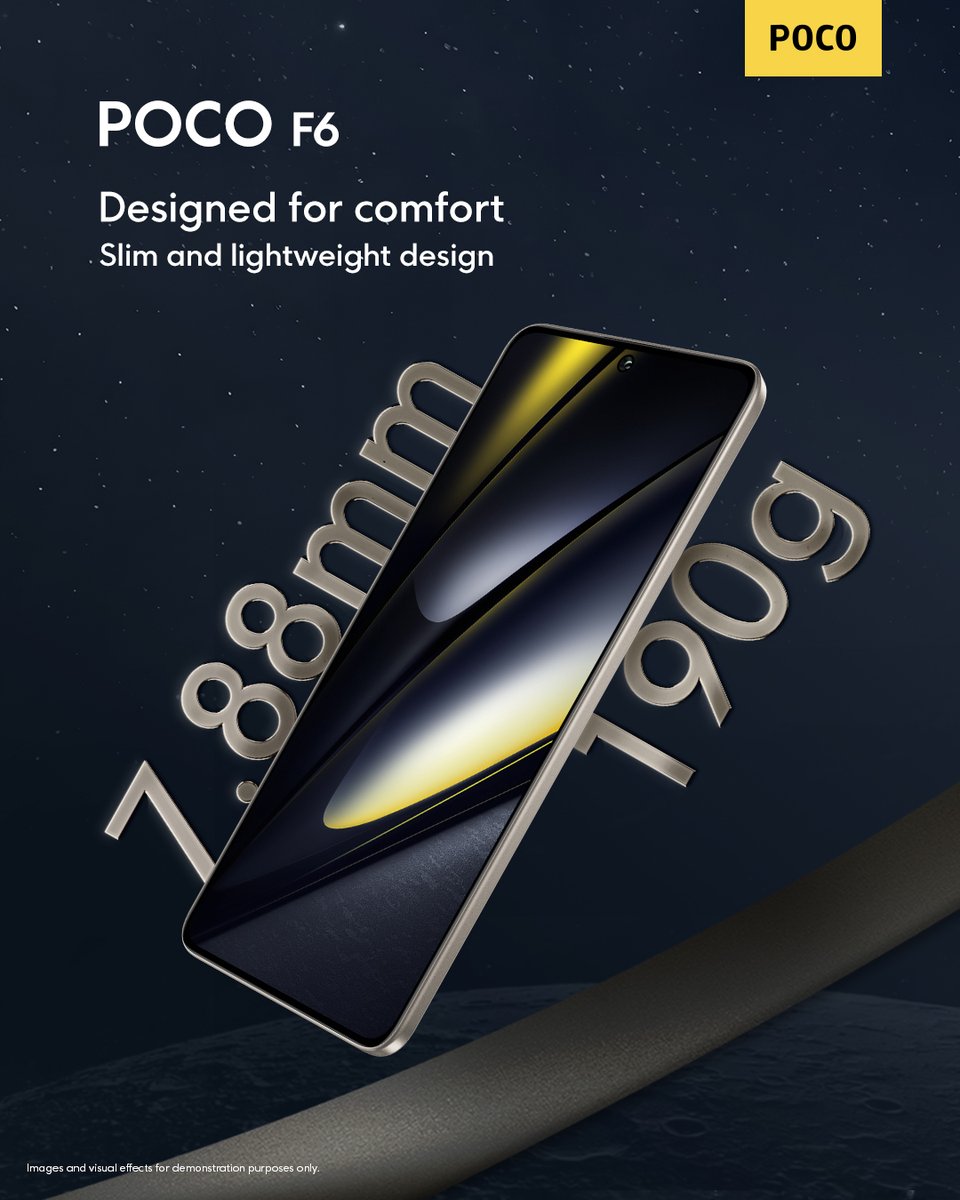 POCOGlobal's tweet image. Discover the lightweight luxury of the #POCOF6, featuring a slender 7.88mm profile and 190g weight.