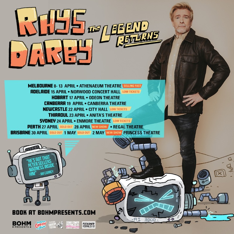 Bohmpresents's tweet image. The much loved Kiwi icon Rhys Darby has announced a 2nd Perth show on 28 April at the Regal Theatre → bohmpr.io/rhysdarby
Don't miss Rhys' new show where he hopes to prove that right now a touch of very human silliness is more important than ever!?
@rhysiedarby