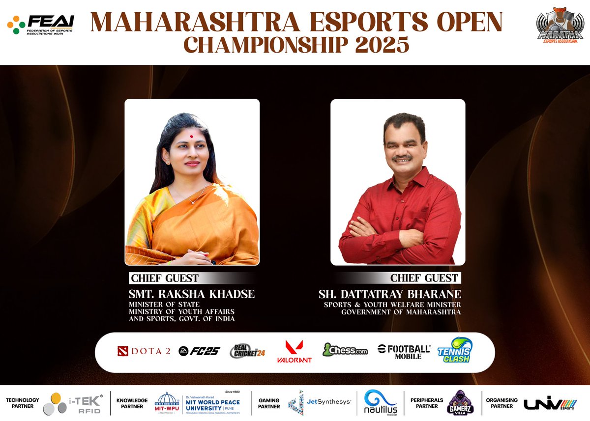 Federation of Electronic Sports Associations India (@feai_in) on Twitter photo FEAI Proudly Presents the Inaugural Maharashtra Esports Open Championship 2025 🏆
We are honored to host this event with Chief Guests Smt. <a href="/khadseraksha/">Raksha Khadse</a>, Hon’ble MoS, Ministry of Youth Affairs and Sports, GOI and Sh. <a href="/bharanemamaNCP/">Dattatray Bharane</a> Hon’ble Sports and Youth Welfare Minister, GOM FEAI Proudly Presents the Inaugural Maharashtra Esports Open Championship 2025 🏆
We are honored to host this event with Chief Guests Smt. <a href="/khadseraksha/">Raksha Khadse</a>, Hon’ble MoS, Ministry of Youth Affairs and Sports, GOI and Sh. <a href="/bharanemamaNCP/">Dattatray Bharane</a> Hon’ble Sports and Youth Welfare Minister, GOM