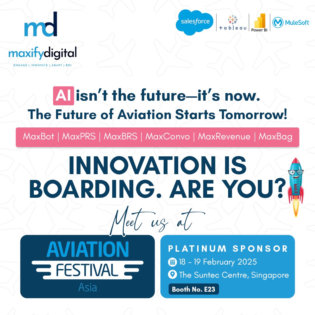 #Airlines &amp; #airports struggle with silos, agent onboarding &amp; baggage tracing costs.

Maxify Digital built ONE platform for the future of travel—a Salesforce-native solution driving efficiency &amp; innovation. Meet us at Aviation Festival Asia 2025, Booth E23.