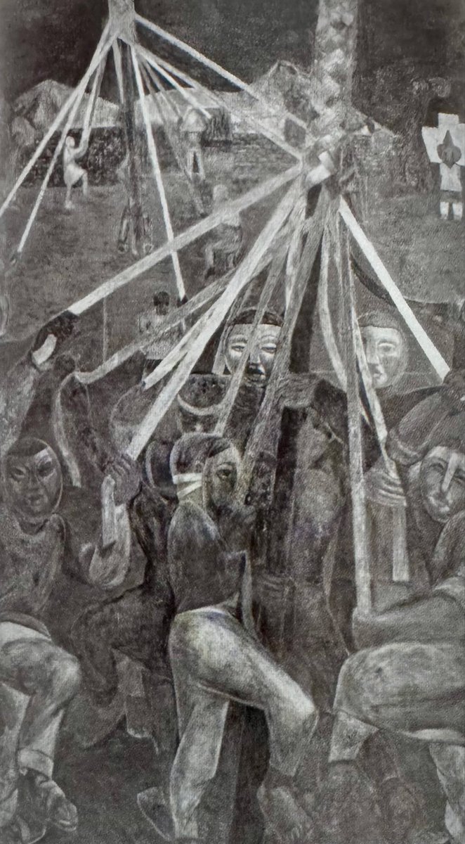 Cuauhtemoc_1521's tweet photo. Sobre el autoritarismo de Diego Rivera
Comparto una fotografía de un mural de Jean Charlot (1923) ubicado en el edificio de la SEP, el  fue mandado destruir por Diego Rivera. 
El motivo de esta acción obedecería a la necesidad de Diego de utilizar aquel muro para el tríptico “Día de tianguis”, cuya sección central coincidía con el lugar en que Charlot pintó su mural. El autoritarismo de Rivera no dio tiempo al francés de conservar un fragmento de la obra a modo de recuerdo según relatara más tarde el propio artista. “La Danza de los listones” fue reinterpretada por Rivera en el extremo poniente del mismo muro, aunque con características diferentes. Historias del muralismo mexicano