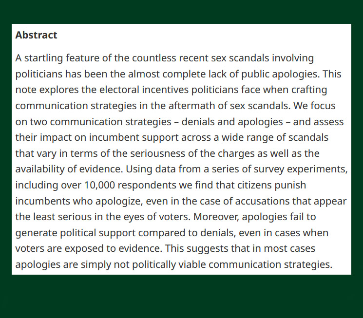 British Jnl Poli Sci (@bjpols) on Twitter photo #OpenAccess from our October 2024 issue -
Why Politicians Won't Apologize: Communication Effects in the Aftermath of Sex Scandals - cup.org/42tVgtl
- Bence Hamrak (<a href="/ceu/">Central European University</a>), Gabor Simonovits (<a href="/ceu/">Central European University</a>), Alex Rusnak (<a href="/ComeniusUni/">Comenius University Bratislava</a>) & Ferenc Szucs (<a href="/Stockholm_Uni/">Stockholm University</a>) #OpenAccess from our October 2024 issue -
Why Politicians Won't Apologize: Communication Effects in the Aftermath of Sex Scandals - cup.org/42tVgtl
- Bence Hamrak (<a href="/ceu/">Central European University</a>), Gabor Simonovits (<a href="/ceu/">Central European University</a>), Alex Rusnak (<a href="/ComeniusUni/">Comenius University Bratislava</a>) & Ferenc Szucs (<a href="/Stockholm_Uni/">Stockholm University</a>)