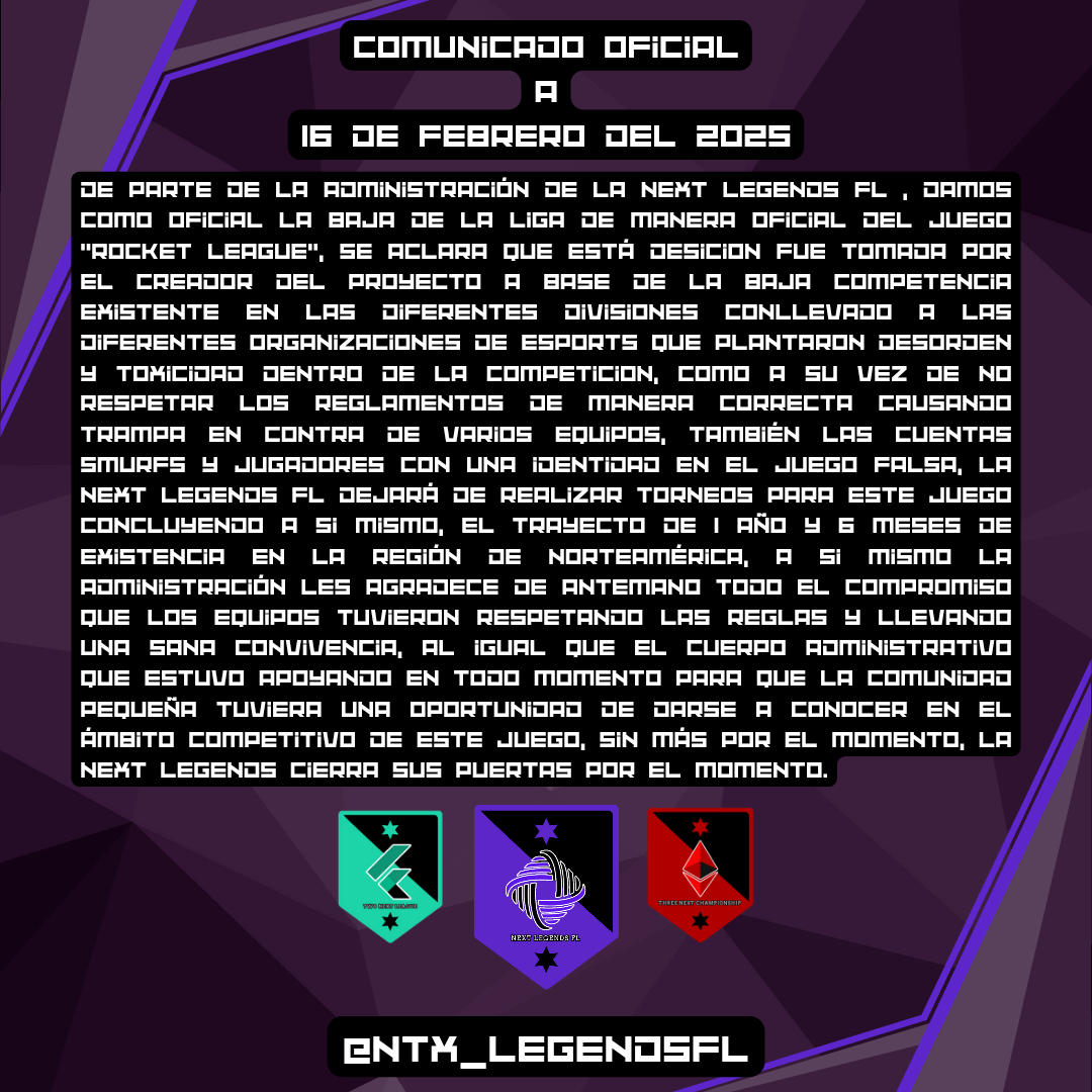 Adiós <a href="/nxtlegends_fl/">Next Legends FL</a> como toda liga tuvo grandes momentos y otros no tan memorables. Gracias a esta liga me adentré más en esta comunidad (rlmx), conocí a una parte de la misma...quién diría que quienes forman parte de esta, acabarían con la única liga que había...🥀🥀🥀
