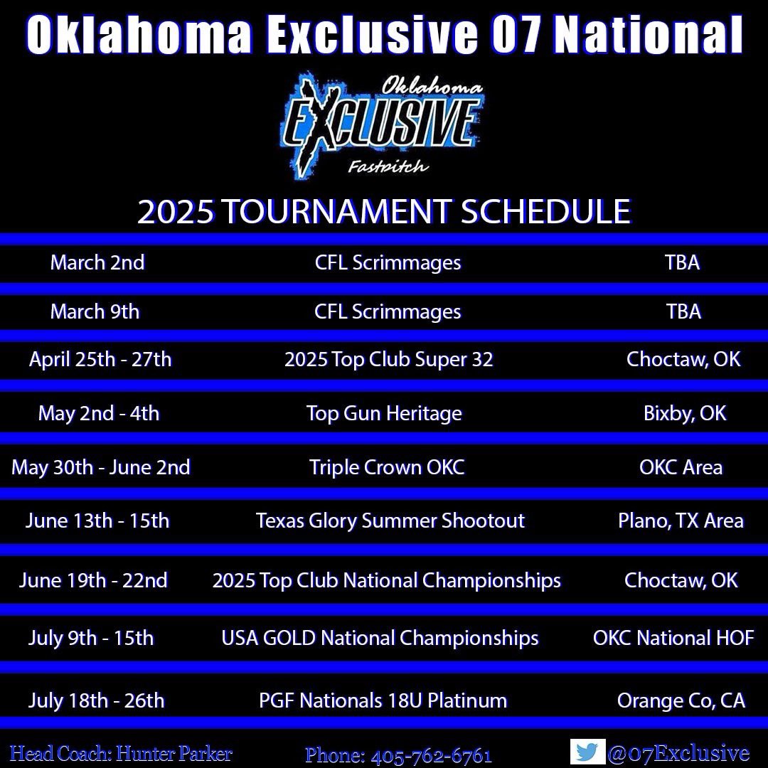 The time has come!! 2025 Summer travel ball schedule! 
<a href="/07Exclusive/">Oklahoma Exclusive 07 National Parker</a> <a href="/ucwv_softball/">UC Softball</a>  <a href="/jmcox1/">Jason Cox</a>
