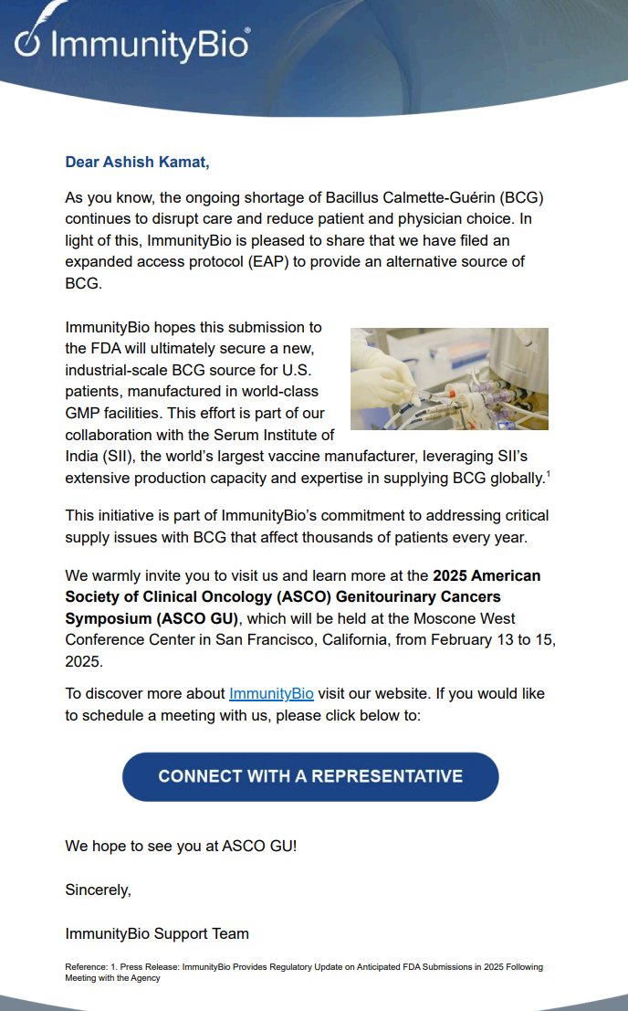 Ashish M. Kamat, MD, MBBS (@urodocash) on Twitter photo This landed late in my inbox, but fantastic news from <a href="/ImmunityBio/">ImmunityBio, Inc.</a> regarding their expanded access protocol for BCG!
Hoping this moves forward smoothly - a much-needed win for our patients. #BladderCancer #BCGShortage
<a href="/IBCG_BladderCA/">IBCG</a> <a href="/BladderCancerUS/">Bladder Cancer Advocacy Network</a> <a href="/DrPatSoonShiong/">Dr. Pat Soon-Shiong</a> This landed late in my inbox, but fantastic news from <a href="/ImmunityBio/">ImmunityBio, Inc.</a> regarding their expanded access protocol for BCG!
Hoping this moves forward smoothly - a much-needed win for our patients. #BladderCancer #BCGShortage
<a href="/IBCG_BladderCA/">IBCG</a> <a href="/BladderCancerUS/">Bladder Cancer Advocacy Network</a> <a href="/DrPatSoonShiong/">Dr. Pat Soon-Shiong</a>