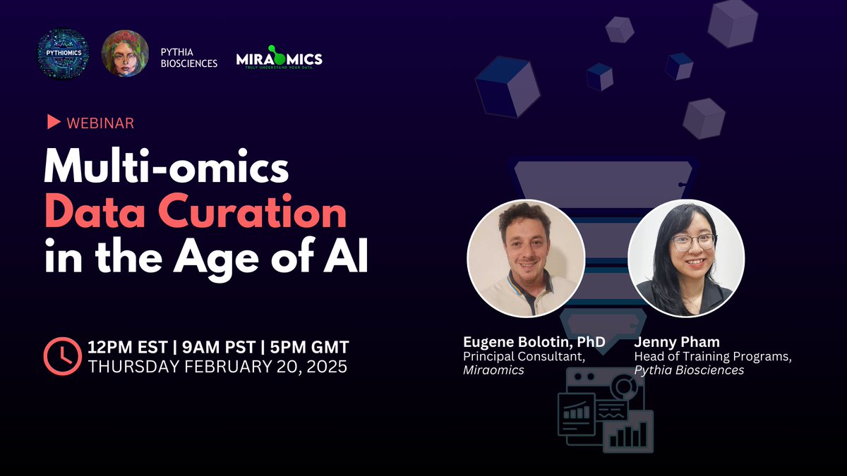 PythiaBio's tweet photo. How can AI streamline the curation, processing, and integration of multi-omics data? Join us for this upcoming webinar as we discuss this fascinating topic with Dr. Eugene Bolotin, CEO &amp; Principal Consultant at miraomics. 
Sign up now: https://t.co/LBsLufR1VC https://t.co/Avfq4SE39r