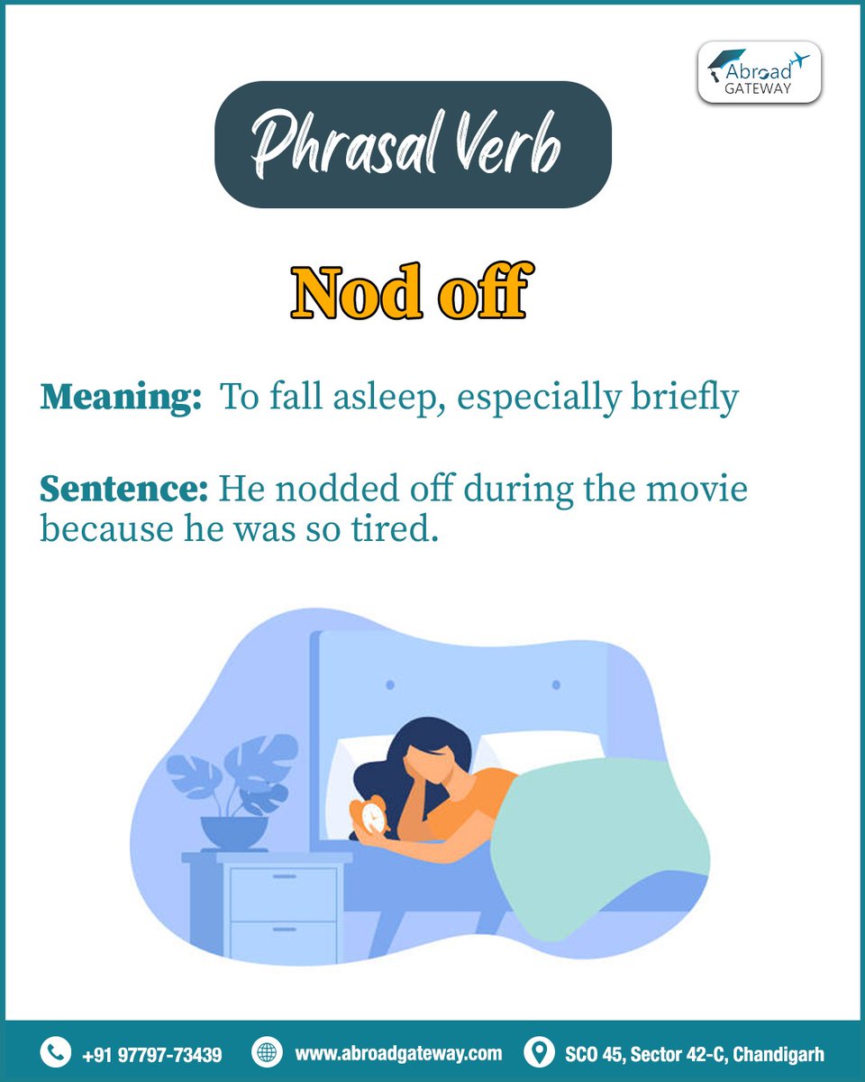 AbroadGatewayy's tweet photo. Word of the Day: #NodOff
Meaning: Fall asleep briefly
📝 Example: He nodded off during the movie.
📢 Join our FREE IELTS Reality Test – 21st Feb
🎯 Get 20% OFF on IELTS Coaching
📍 Chandigarh 📞 +91 9780031919
🌐 https://t.co/3ZimBljW2s
💬 Use "Nod Off" in a sentence below⬇️ https://t.co/JPDewcZDbY
