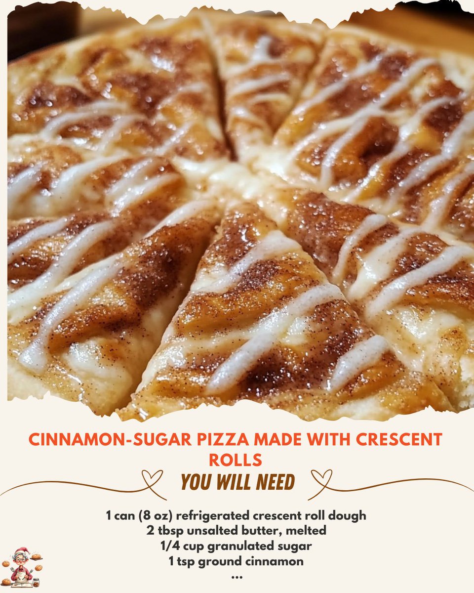 Cinnamon-Sugar Pizza Made with Crescent Rolls ✨🍕

Ingredients:

1 can (8 oz) refrigerated crescent roll dough
2 tbsp unsalted butter, melted
1/4 cup granulated sugar
1 tsp ground cinnamon
1/2 tsp vanilla extract (optional)
1/2 cup powdered sugar
1–2 tbsp milk (for icing)