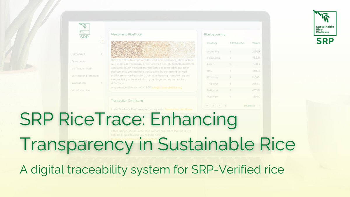 SRP RiceTrace is here!

Launched at the SRP Conference 2024, SRP RiceTrace is a digital traceability system that enhances transparency &amp; accountability for SRP-Verified rice.

Learn more: sustainablerice.org/srp-ricetrace/

#SustainableRice #RiceTrace #SRP