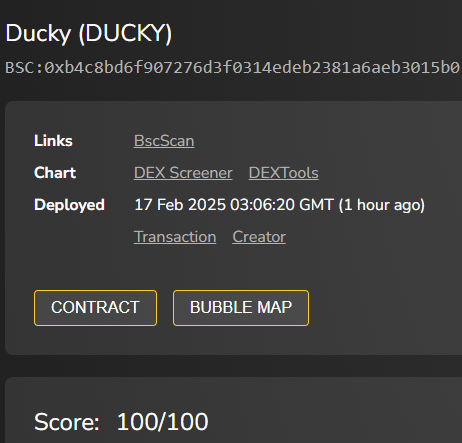 Ducky_BNB's tweet photo. $DUCKY on #BNBChain scores 100/100 on @Token_Sniffer!  

(Dexscreener is incorrect and will update soon) https://t.co/g9Dh3LsNMY