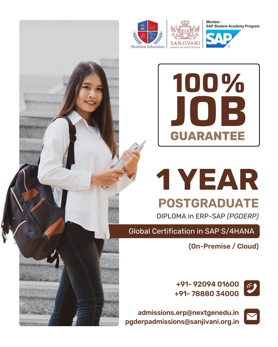 NextGenEdu_Pune's tweet photo. 📣Post Graduation Diploma in ERP–@SAP: A Promising Career Path with @NextGenEdu_Pune in association with Sanjivani College of Engineering, Kopargaon. Contact us at 078880 34000 or 92094 01600. #sap #training #skills #employment #nextgen #jobguaranteecourses https://t.co/mFpxaBtVkq