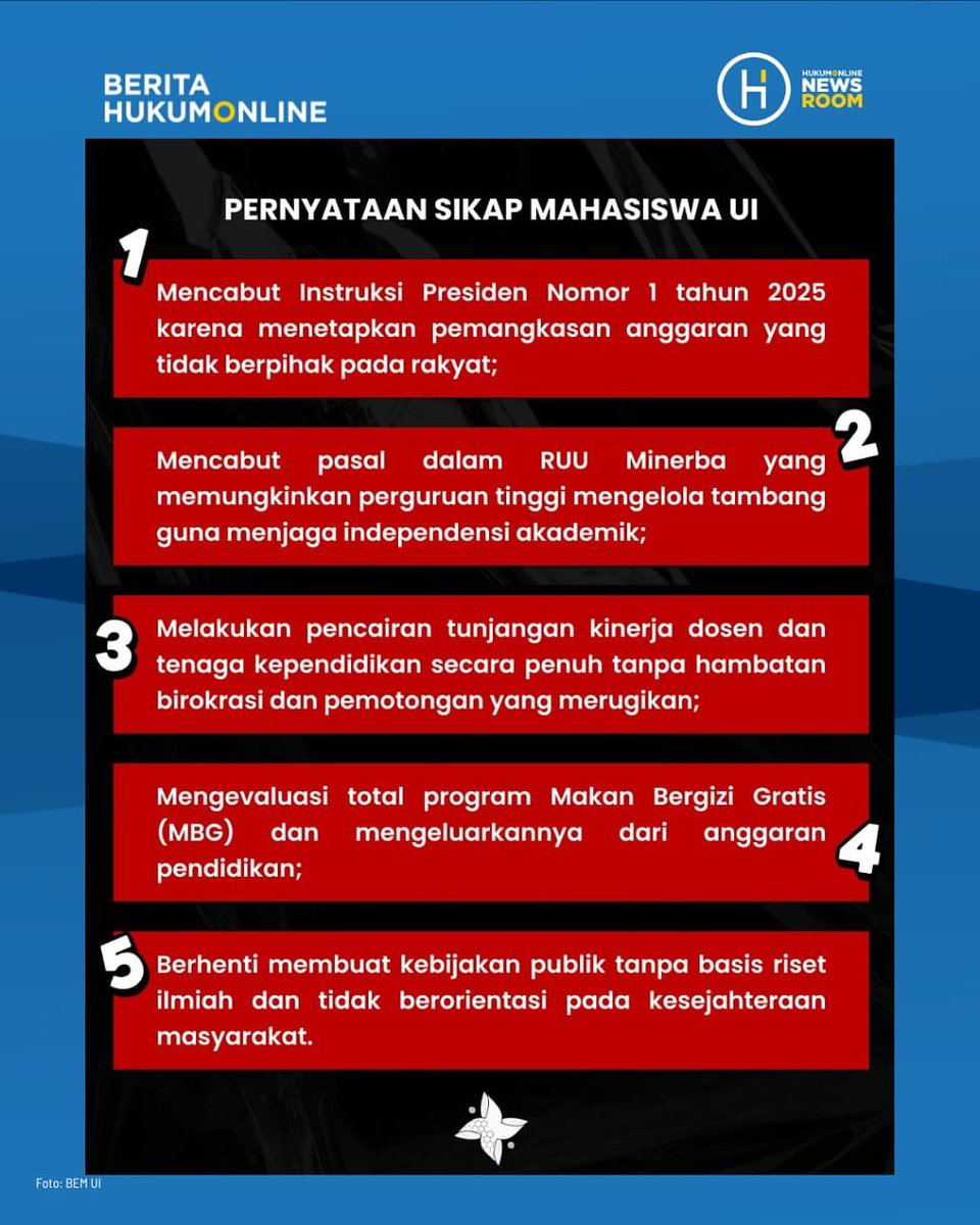 5 (Lima) Tuntutan Mahasiswa yg tertuang dalam tagar #IndonesiaGelap 
#IndonesiaGelap