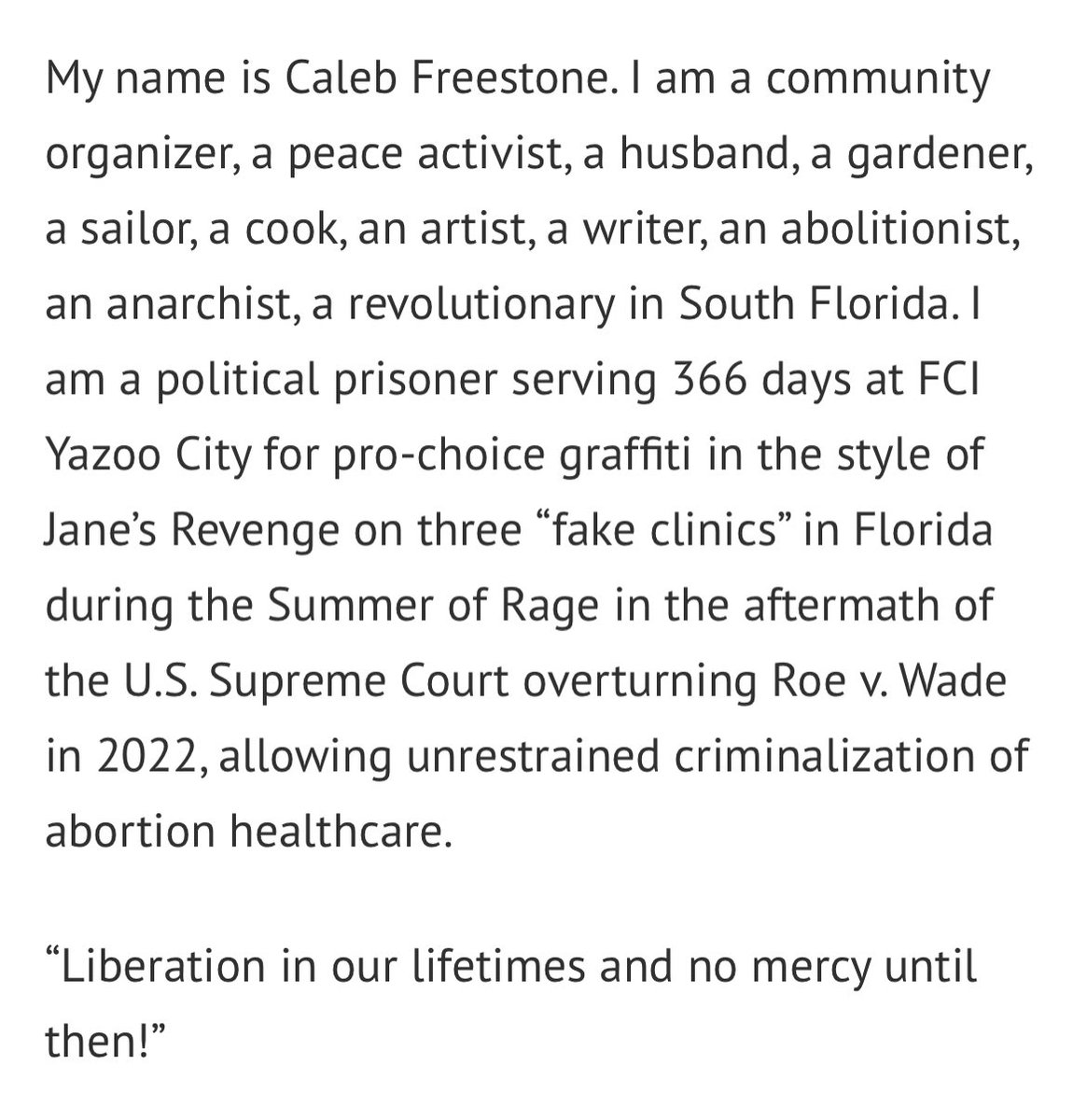 caleb freestone, sentenced to 1 year in federal prison for tagging a fake abortion clinic during the jane’s revenge summer of rage published his thoughts &amp; reflections from his first 3 months inside !

mongoosedistro.com/2025/02/14/upd…