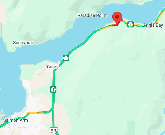 DriveBC's tweet photo. ⚠️#BCHwy1 - expect delays in both directions near 109 Rd due to a vehicle incident.
Crews are on scene.
#SalmonArm #CanoeBC #AnnisBay https://t.co/UnjtxIEDnT