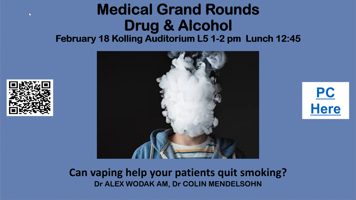 ColinMendelsohn's tweet image. .@alexwodak and I are presenting at Medical Grand Rounds at Royal North Shore Hospital tomorrow on #vaping
1pm, Kolling Auditorium L5
Pacific Highway, St Leonards
All welcome
Will advise later about availability of live streaming