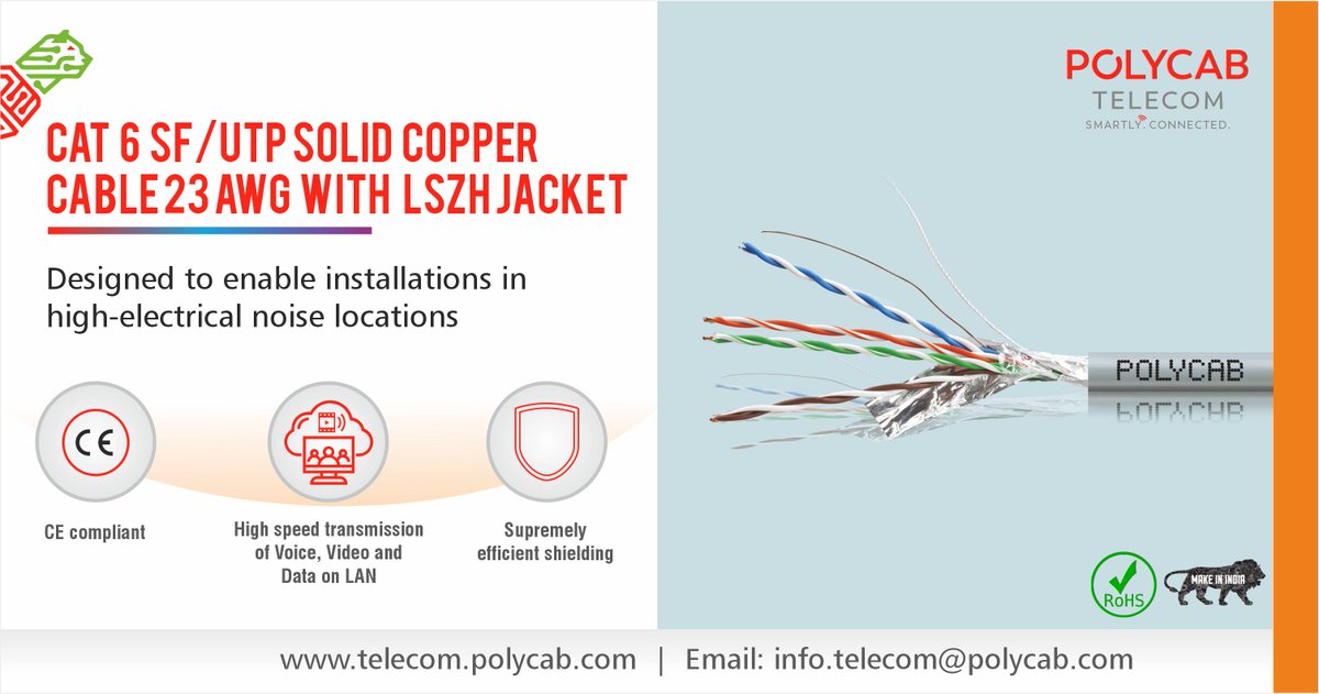 PolycabTelecom's tweet image. Cat  6  SF/UTP Solid  Copper Cable 23 AWG  with   LSZH Jacket
Designed to enable installations in high-electrical noise locations
Know More bit.ly/4hXuXAg

#CAT6 #SFUTP #CopperCable #LSZHJacket #polycabtelecom #vocalforlocal #digitalIndia #makeinIndia #AtmanirbharBharat