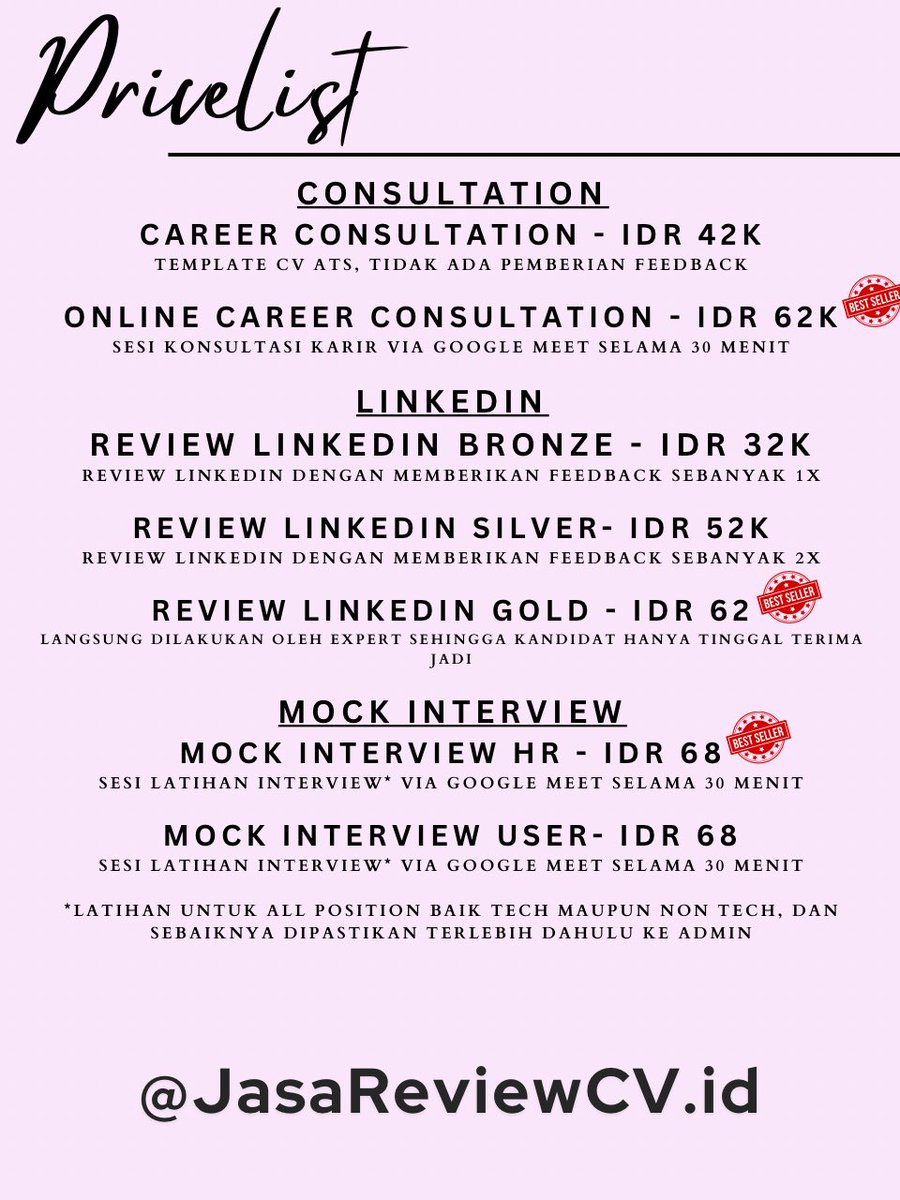 Jessciacia's tweet photo. Menyediakan latihan interview dan review cv serta linkedin. Testi di IG @JasaReviewCV.id
WA +6289604492643
#tutorialmembuatcv #tipscv #konsultasimembuatcv #konsultasicv #konsultasikerja #pcsojk #tipslpdp #mockinterview #latihaninterview #jasareviewcv #reviewcv #jasabuatcv https://t.co/ikwo0iMqD1