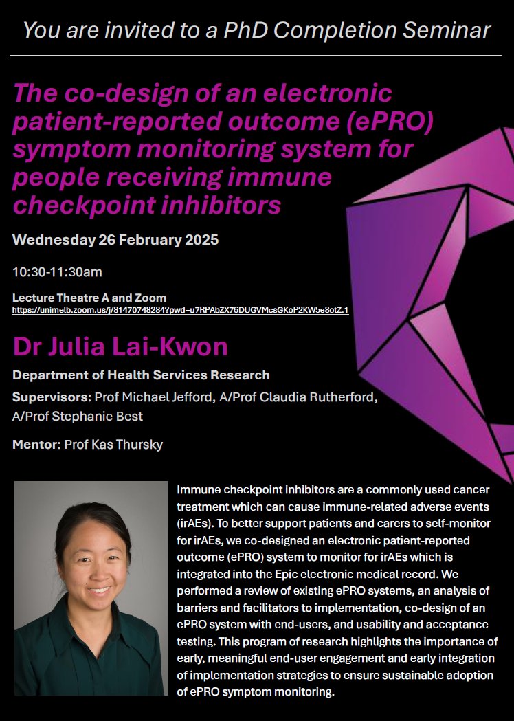 Dr Julia Lai-Kwon (@julialaikwon) on Twitter photo After 3 action-packed years, I'll be sharing the results of my PhD at my upcoming completion seminar.
This is open to anyone with an interest in patient-reported outcomes #PROs in routine care.
📅 Wednesday 26/2/25
⏲️ 10:30-11:30am
📍 Online or <a href="/PeterMacCC/">Peter Mac Cancer Centre</a>
See you there! After 3 action-packed years, I'll be sharing the results of my PhD at my upcoming completion seminar.
This is open to anyone with an interest in patient-reported outcomes #PROs in routine care.
📅 Wednesday 26/2/25
⏲️ 10:30-11:30am
📍 Online or <a href="/PeterMacCC/">Peter Mac Cancer Centre</a>
See you there!