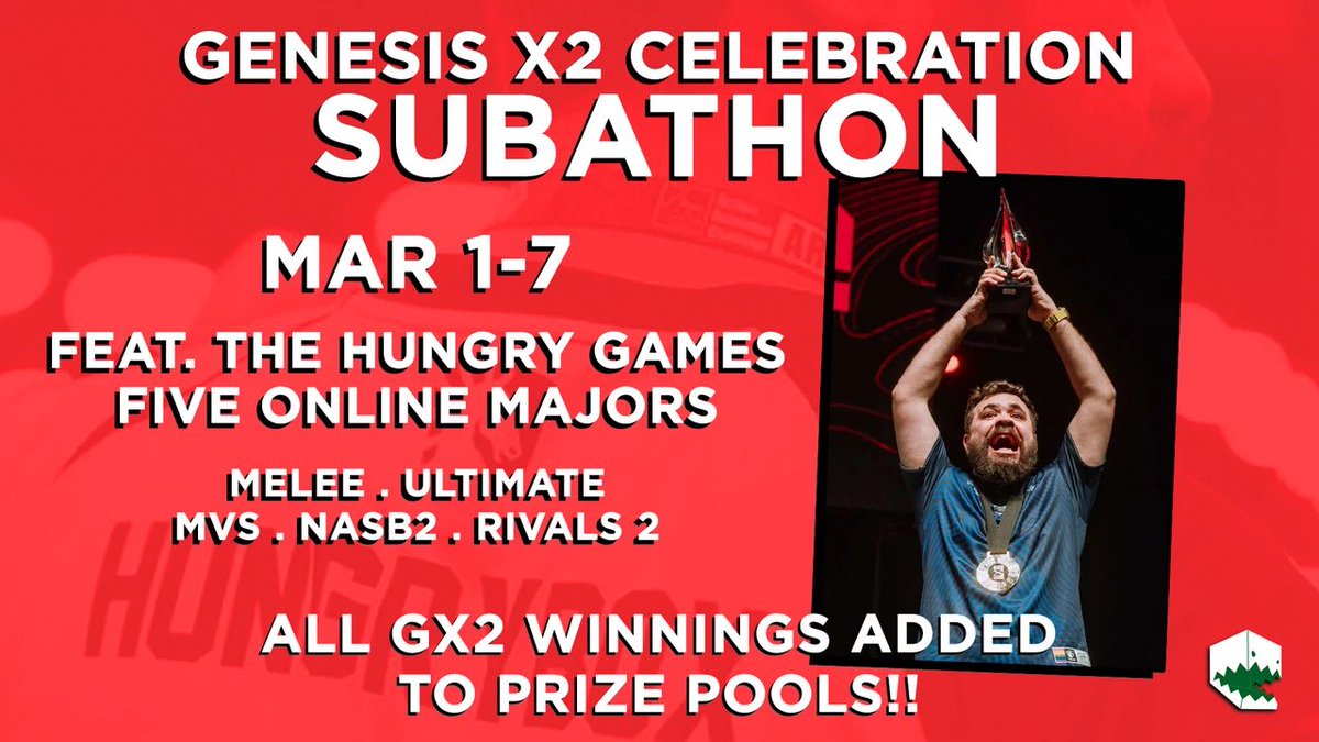 hungrybox (@liquidhbox) on Twitter photo One last surprise :)
March 1st - March 7th
In honor of ending my drought
An Online Major each day for one week
I’ll be donating all my winnings from GX2 into the prize pools
the hungry games 📦 
NASB2 - Mon
Melee - Tue
Ultimate - Wed
Rivals 2 - Thu
MultiVersus - Friday One last surprise :)
March 1st - March 7th
In honor of ending my drought
An Online Major each day for one week
I’ll be donating all my winnings from GX2 into the prize pools
the hungry games 📦 
NASB2 - Mon
Melee - Tue
Ultimate - Wed
Rivals 2 - Thu
MultiVersus - Friday